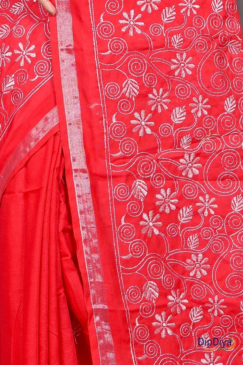 Red Cotton Blended Paru Hand Loom Saree (516)